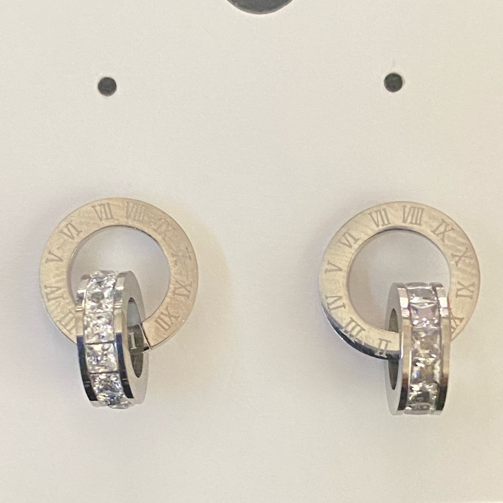 NEW Stainless Steel Silver Cubic Zirconia Stud Earrings with Roman Numeral.